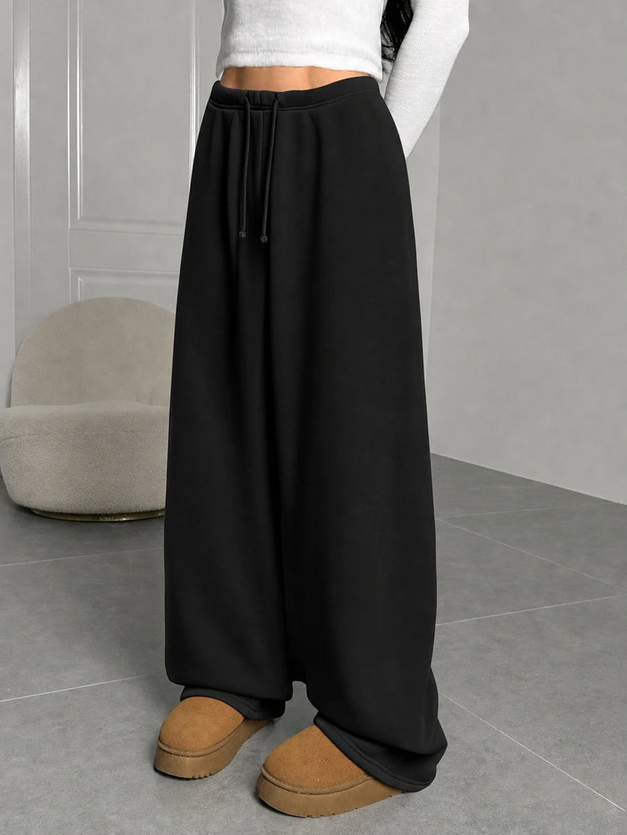 SHEIN Tween Girl Tween Girls Autumn And Winter Plus Velvet Thickened Simple Drawstring Loose Sports Straight Pants Fl - Black - View 1