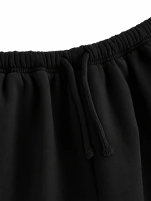 SHEIN Tween Girl Tween Girls Autumn And Winter Plus Velvet Thickened Simple Drawstring Loose Sports Straight Pants Fl - Black - View 4