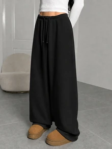SHEIN Tween Girl Tween Girls Autumn And Winter Plus Velvet Thickened Simple Drawstring Loose Sports Straight Pants Fl - Black - View 8