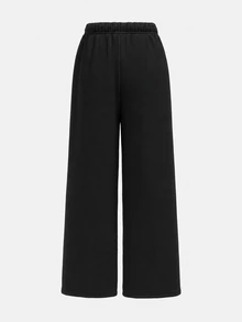 SHEIN Tween Girl Tween Girls Autumn And Winter Plus Velvet Thickened Simple Drawstring Loose Sports Straight Pants Fl - Black - View 6