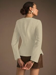 NOVVYNE 1pc Women's Woven Non-Stretch Long Sleeve Metal Button Fitted Blouse, Fashionable And Elegant - Apricot - View 2