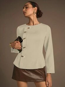 NOVVYNE 1pc Women's Woven Non-Stretch Long Sleeve Metal Button Fitted Blouse, Fashionable And Elegant - Apricot - View 8