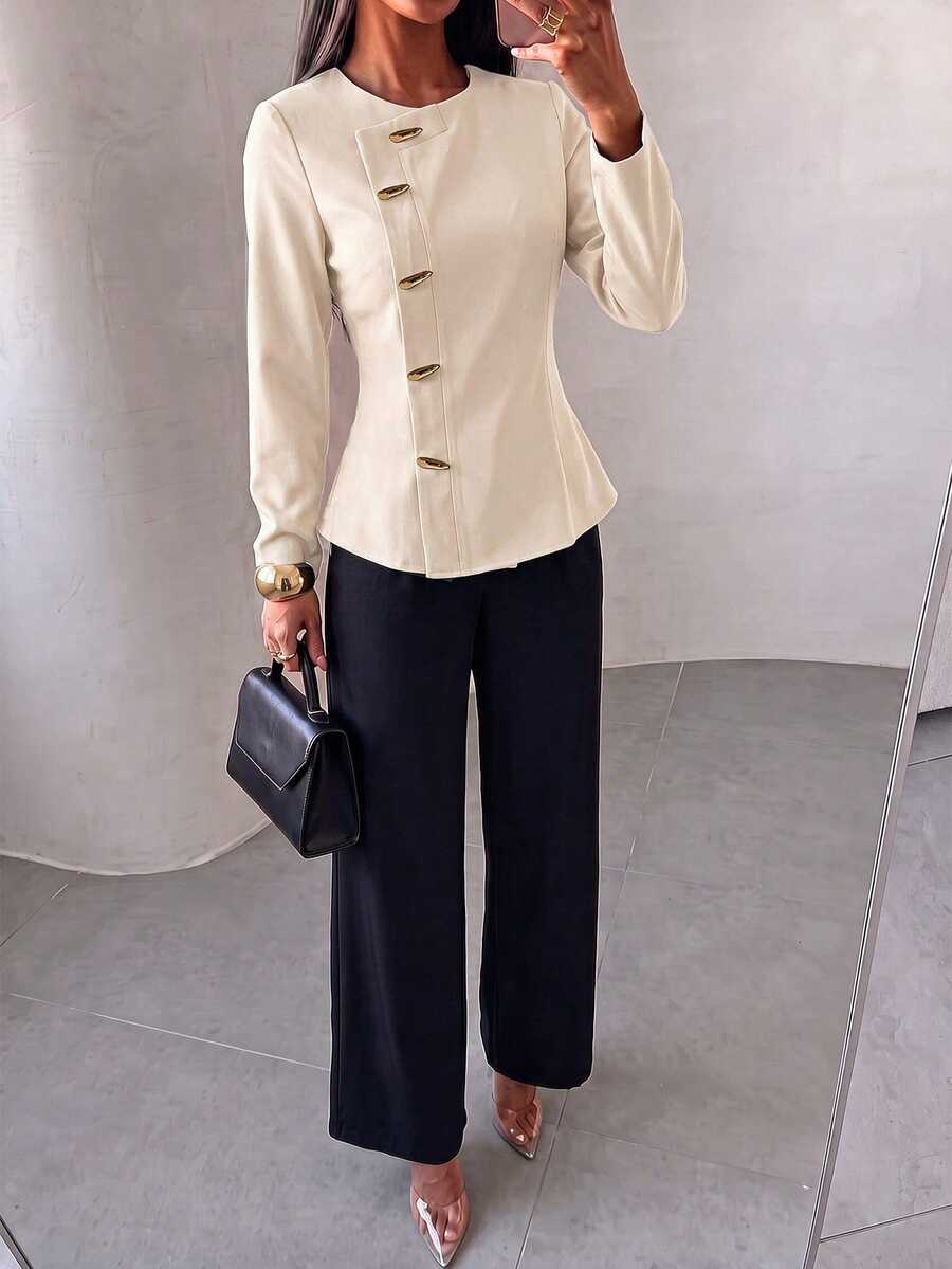 NOVVYNE 1pc Women's Woven Non-Stretch Long Sleeve Metal Button Fitted Blouse, Fashionable And Elegant - Apricot - View 1