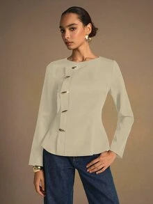 NOVVYNE 1pc Women's Woven Non-Stretch Long Sleeve Metal Button Fitted Blouse, Fashionable And Elegant - Apricot - View 6