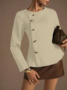 NOVVYNE 1pc Women's Woven Non-Stretch Long Sleeve Metal Button Fitted Blouse, Fashionable And Elegant - Apricot - View 3