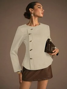 NOVVYNE 1pc Women's Woven Non-Stretch Long Sleeve Metal Button Fitted Blouse, Fashionable And Elegant - Apricot - View 4