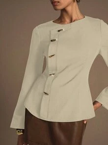 NOVVYNE 1pc Women's Woven Non-Stretch Long Sleeve Metal Button Fitted Blouse, Fashionable And Elegant - Apricot - View 5