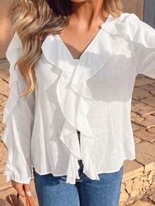 Vivid Eden Women's Solid Color Ruffle Trim Casual Romantic Versatile Daily Wear Blouse,Festival,Work Brunch Vacation,Country,School Holiday Autumn White - White - View 3
