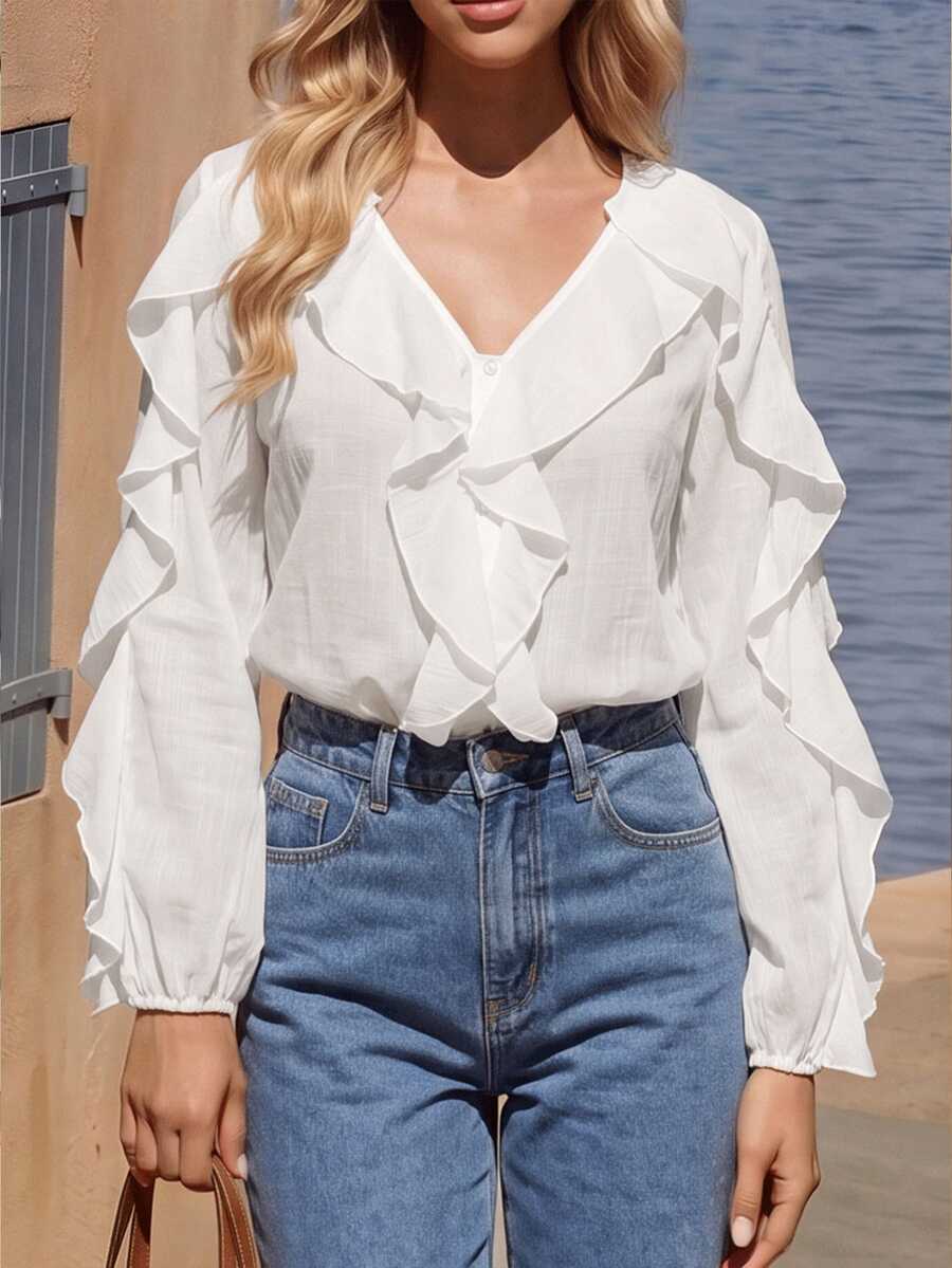 Vivid Eden Women's Solid Color Ruffle Trim Casual Romantic Versatile Daily Wear Blouse,Festival,Work Brunch Vacation,Country,School Holiday Autumn White - White - View 1