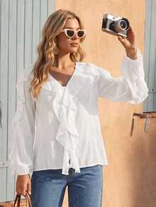Vivid Eden Women's Solid Color Ruffle Trim Casual Romantic Versatile Daily Wear Blouse,Festival,Work Brunch Vacation,Country,School Holiday Autumn White - White - View 6