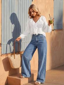 Vivid Eden Women's Solid Color Ruffle Trim Casual Romantic Versatile Daily Wear Blouse,Festival,Work Brunch Vacation,Country,School Holiday Autumn White - White - View 4