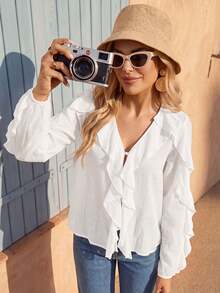 Vivid Eden Women's Solid Color Ruffle Trim Casual Romantic Versatile Daily Wear Blouse,Festival,Work Brunch Vacation,Country,School Holiday Autumn White - White - View 5