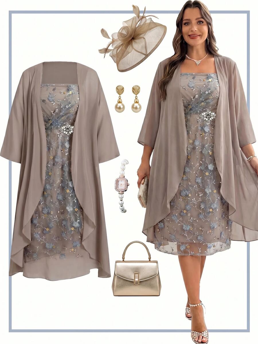 SHEIN Clasi Plus Size Women Elegant Embroidered Sequin Rhinestone Dress And Shawl Set Autumn Wedding Evening Formal Gray Baby Blue