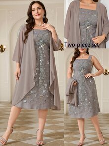 SHEIN Clasi 大尺碼女款優雅刺繡亮片水鑽禮服與披肩套裝，秋季婚禮晚宴正式穿著，灰色與嬰兒藍色 - 灰色 - 查看 2