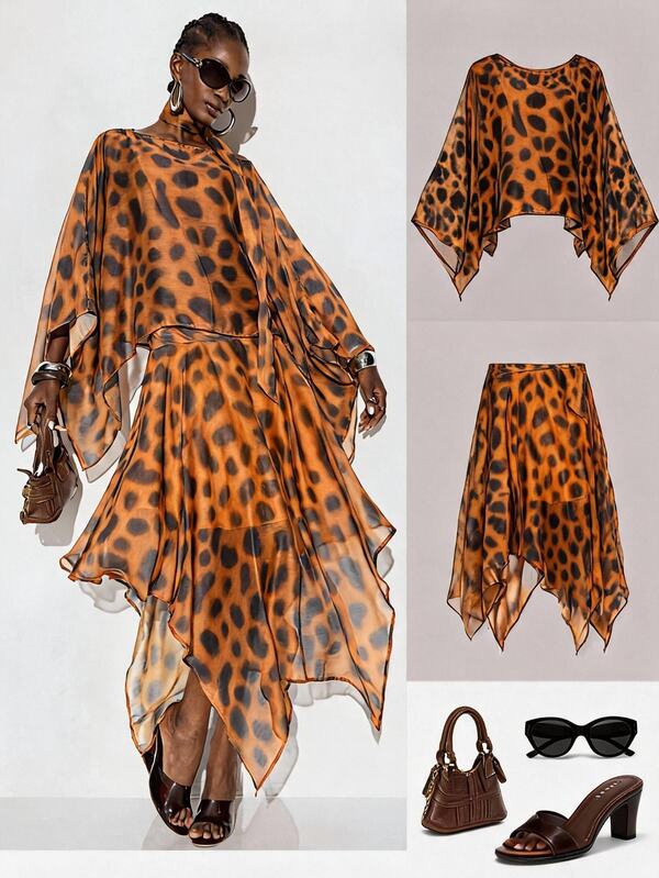 Aveloria GENKIRA Romantic Flowy Semi-Transparent Leopard Print Scarf Cape & Asymmetrical Hem Skirt Women's 2pcs Set