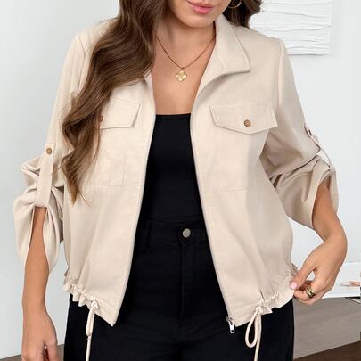 Casual Drawstring Hem Short Jacket Plus Size