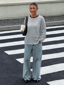 Muchica 2026秋冬款黑白條紋針織女款紅色字母印花T恤套裝，街頭風與Y2K風格，返校季，適合派對、日常通勤、聖誕節、新年、感恩節、派對、婚禮、畢業典禮、優雅、外出、約會、優雅、畢業 - 彩色 - 查看 7