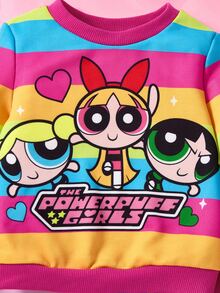 THE POWERPUFF GIRLS X SHEIN 女婴彩色条纹和花朵、泡泡、毛茛图案可爱时尚活泼长袖圆领运动衫和粉色裤子休闲运动套装 - 粉色 - 查看 4