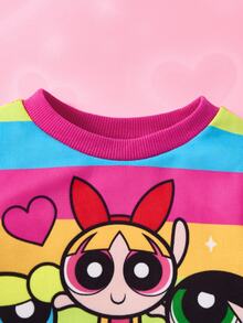 THE POWERPUFF GIRLS X SHEIN 女婴彩色条纹和花朵、泡泡、毛茛图案可爱时尚活泼长袖圆领运动衫和粉色裤子休闲运动套装 - 粉色 - 查看 8