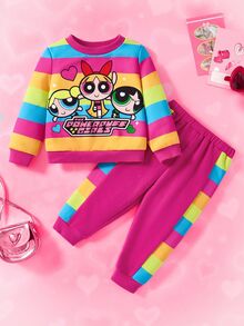 THE POWERPUFF GIRLS X SHEIN 女婴彩色条纹和花朵、泡泡、毛茛图案可爱时尚活泼长袖圆领运动衫和粉色裤子休闲运动套装 - 粉色 - 查看 1