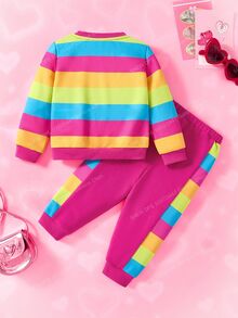 THE POWERPUFF GIRLS X SHEIN 女婴彩色条纹和花朵、泡泡、毛茛图案可爱时尚活泼长袖圆领运动衫和粉色裤子休闲运动套装 - 粉色 - 查看 2