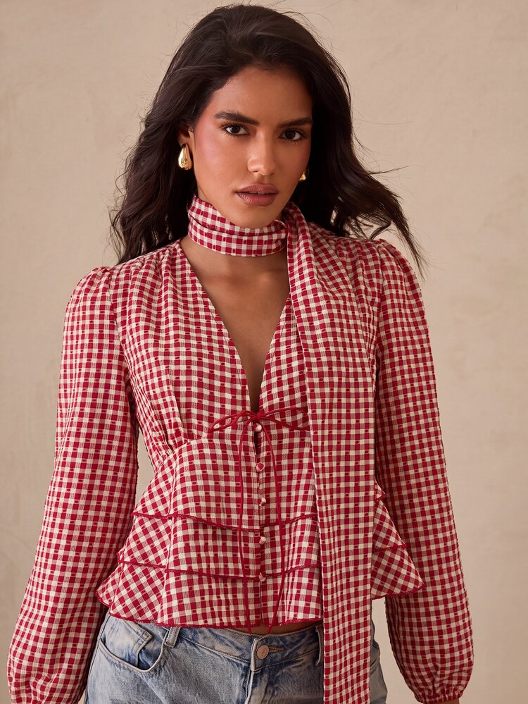 Glamine Blusa corta de mujer estilo vintage de otoño/invierno con estampado de cuadros rojos, cuello halter con lazo largo desmontable, escote en V profundo, mangas abullonadas, volantes multicapa y cintura ceñida, camisa de manga larga con lazo estilo pastoral francés sexy y dulce, top versátil para ir a la oficina, uso diario, citas y otras ocasiones elegantes - Rojo - Añade 8