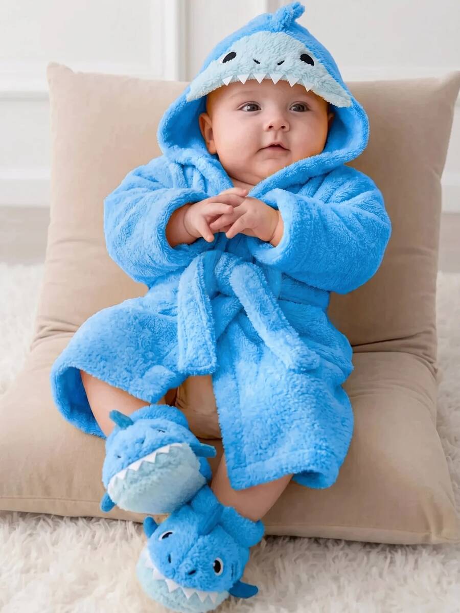 SHEIN Newborn Baby Boy/Girl Cartoon Duck 3D Pattern: Fleece Thick Hooded Long Sleeve Tie-Front Autumn Winter - Blue - View 1