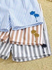 SHEIN 3件套男女宝宝休闲条纹椰树印花泳裤，夏季泳装 - 彩色 - 查看 3