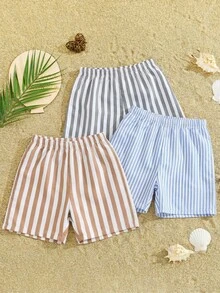 SHEIN 3件套男女宝宝休闲条纹椰树印花泳裤，夏季泳装 - 彩色 - 查看 2