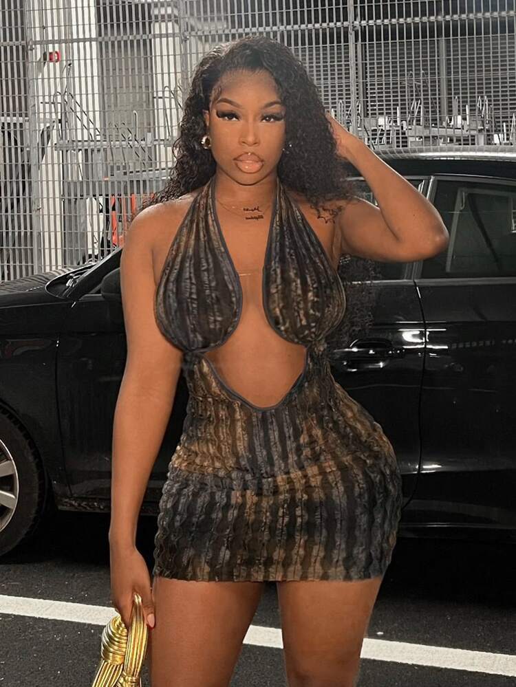 Slaydiva Summer Sexy Halter Backless Sheer Bust Mini Dress, Blue Brown Tie Dye Gradient Knit Fabric - Multicolor - View 1