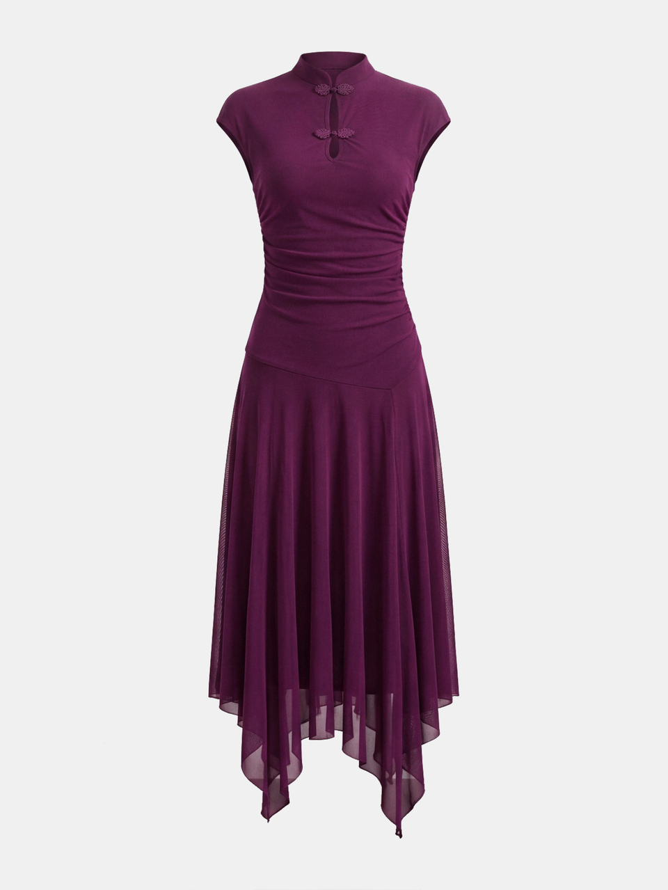 SHEIN Maija Vestido largo elegante de unicolor con diseño de botones de rana, manga corta, para cena, cita, cumpleaños, color púrpura profundo, otoño, para mujer