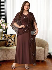 Reflora Plus Size Women's Patchwork Sequin Twist Knot Design Elegant Dress - Brown - View 4