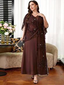 Reflora Plus Size Women's Patchwork Sequin Twist Knot Design Elegant Dress - Brown - View 6
