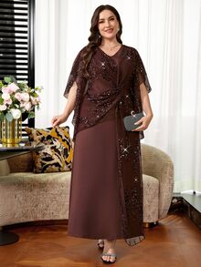 Reflora Plus Size Women's Patchwork Sequin Twist Knot Design Elegant Dress - Brown - View 7