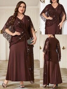 Reflora Plus Size Women's Patchwork Sequin Twist Knot Design Elegant Dress - Brown - View 8