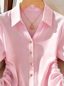 Franclia 女款夏季休閒純色側抽繩襯衫 - 粉色 - 查看 4