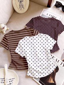 Tween Girl Tween Girl Dopamine Color, Leopard Print & Polka Dot, Tween Girls Simple Casual Ruched Waist 3pcs Pieces Set - Multicolor - View 2