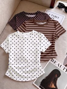 Tween Girl Tween Girl Dopamine Color, Leopard Print & Polka Dot, Tween Girls Simple Casual Ruched Waist 3pcs Pieces Set - Multicolor - View 3