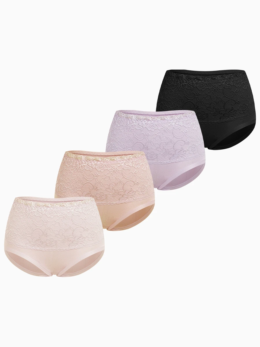 Slumbrini 4pcs/Pack Women's Plus Size Soft Skin-Friendly Lace Trimmed Triangle Panties - Multicolor - View 1