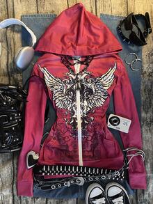 IslaSuriya Women's Red Distressed Y2K Retro Gothic "Angel Wings" Hoodie, Street Style, Halloween - Multicolor - View 4