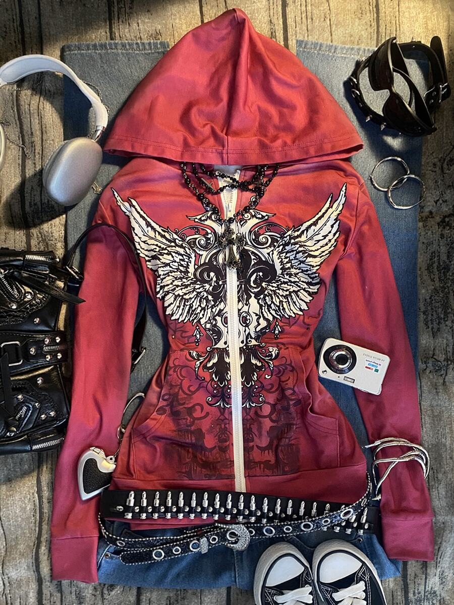 IslaSuriya Women's Red Distressed Y2K Retro Gothic "Angel Wings" Hoodie, Street Style, Halloween - Multicolor - View 1