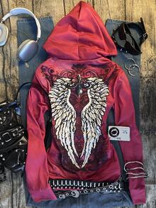 IslaSuriya Women's Red Distressed Y2K Retro Gothic "Angel Wings" Hoodie, Street Style, Halloween - Multicolor - View 2