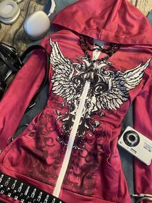 IslaSuriya Women's Red Distressed Y2K Retro Gothic "Angel Wings" Hoodie, Street Style, Halloween - Multicolor - View 3