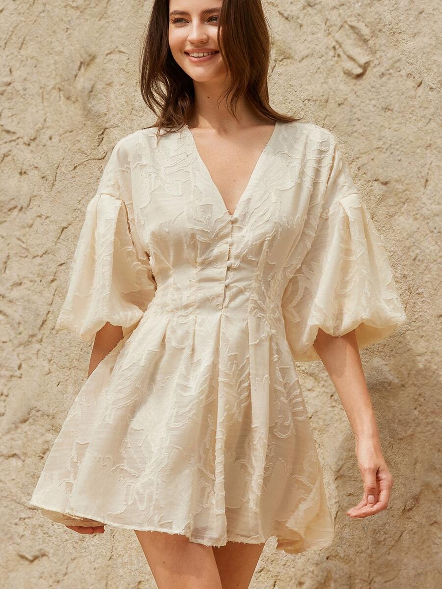 BELROSIE Elegant Vintage Floral Embroidered V-Neck Puff Sleeve Waisted A-Line Ruffle Hem Mini Dress All Over Print For Summer - Beige - View 1