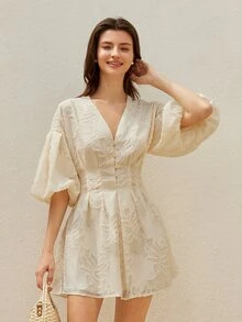BELROSIE Elegant Vintage Floral Embroidered V-Neck Puff Sleeve Waisted A-Line Ruffle Hem Mini Dress All Over Print For Summer - Beige - View 4