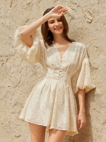 BELROSIE Elegant Vintage Floral Embroidered V-Neck Puff Sleeve Waisted A-Line Ruffle Hem Mini Dress All Over Print For Summer - Beige - View 7