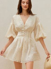 BELROSIE Elegant Vintage Floral Embroidered V-Neck Puff Sleeve Waisted A-Line Ruffle Hem Mini Dress All Over Print For Summer - Beige - View 2