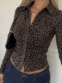 CovetEZ 休閒極簡風棕色豹紋長袖白色針織修身女款T恤，秋季上衣，適合日常通勤 - 彩色 - 查看 3