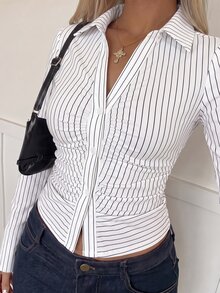 CovetEZ 格紋長袖白色針織修身女款T恤，秋季上衣，適合日常通勤、約會、聚會，秋/冬/春/夏，聖誕節、新年、感恩節、派對、婚禮、海灘 - 彩色 - 查看 3