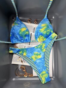 Swim Vcay 女士热带花卉露背系带性感比基尼套装，适合海滩度假、嘉年华，色彩缤纷的比基尼套装，女士两件套泳装，度假比基尼套装，泳装绿洲两件套，春夏两件套沙滩套装 - 彩色 - 查看 7